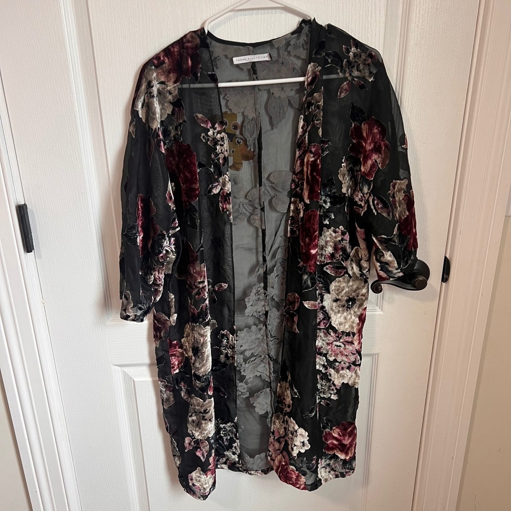 Three Eighty Two Black Floral Velvet Burnout Kimono Duster Cardigan Jacket M - Picture 2 of 8
